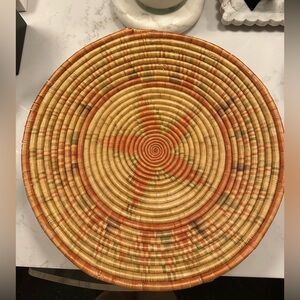 Handwoven Round Decorative Basket in Natural and salmon tones